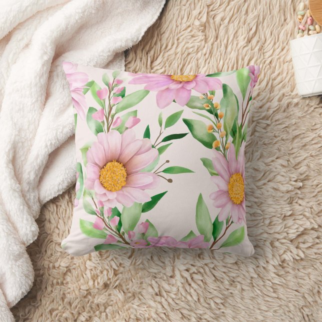 Cojín decorativo floral rosa (Pink Flowers and green leaves floral pillow!)