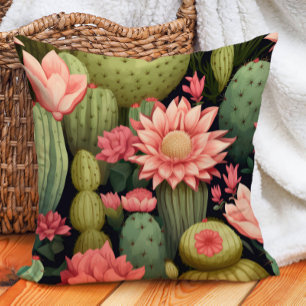 Cojín Decorativo Floral Rosa Cactus Verde Negro Desierto Boho