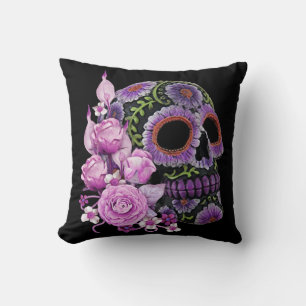 Cojín Decorativo Floral Rosa Calavera Negra Día de Muertos