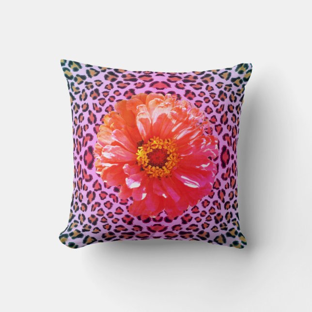 Cojín Decorativo Floral rosa funky y naranja con estampado leopardo (Anverso)