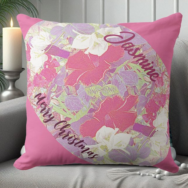 Cojín Decorativo Floral rosa Hibiscus Merry Christmas Garden Cuidad (Pink Floral Hibiscus Merry Christmas Garden Cute Throw Pillow)