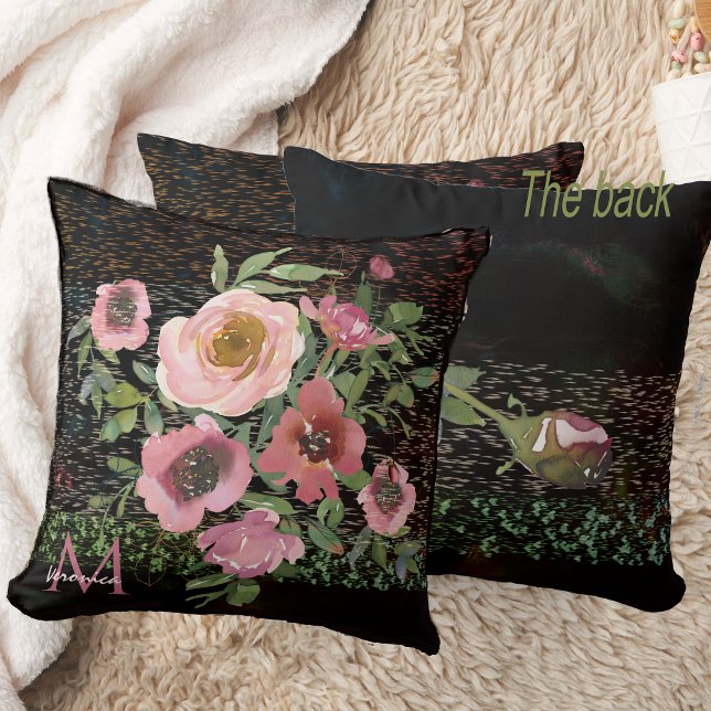 Cojín Decorativo Floral Rosa Negro (Pink floral black throw pillow double -sided)