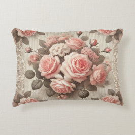 Cojín Decorativo Floral rosa rosa vintage con borde de encaje