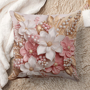 Cojín Decorativo Floral Rosa y Blanco con Perlas