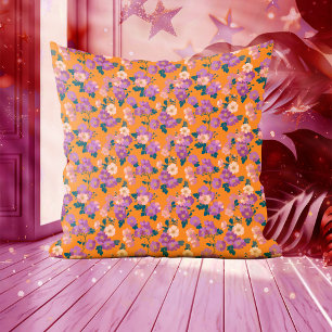Cojín Decorativo Floral rosa y morada moderna sobre Naranja
