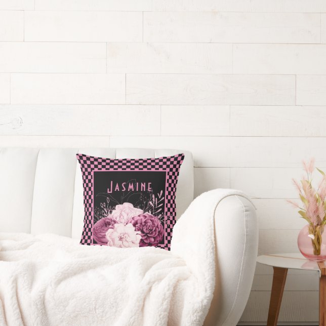 Cojín Decorativo Floral rosa y tablero de cheques personalizado (Sofá)
