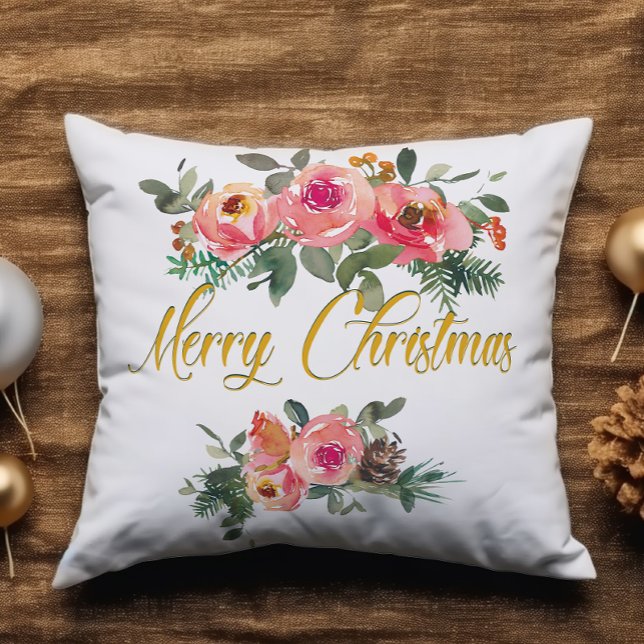 Cojín Decorativo Floral rosa y verde Añadir nombre Feliz Navidad (Subido por el creador)