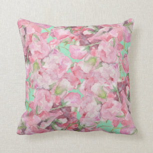 Cojín Decorativo Floral rosado rústico en la arpillera de la verde
