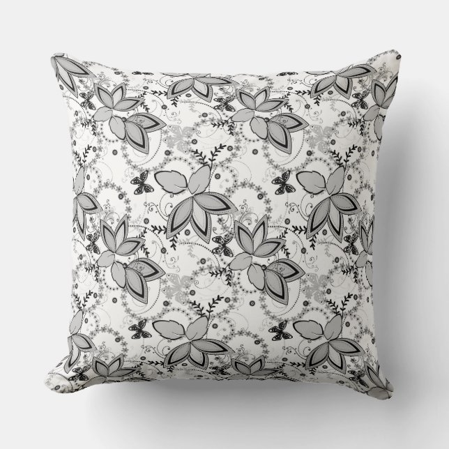 Cojín Decorativo Floral rustic pattern retro black and white  (Anverso)