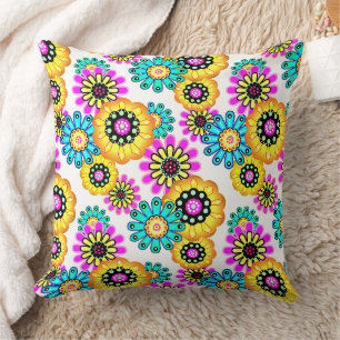 Cojín Decorativo Floral rústico retro amarillo y turquesa
