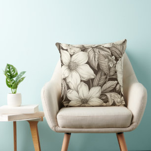 Cojín Decorativo Floral sepia estilo antiguo con línea de trabajo f