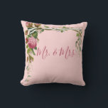 Cojín Decorativo Floral Sr. Sra. Boda Bride Groom Elegant Pink<br><div class="desc">Elegantes rosas rosadas en vides. fondo rosado bonito. Añadir al Sr. Y la señora script y hace un hermoso regalo de boda,  ducha de novia.</div>