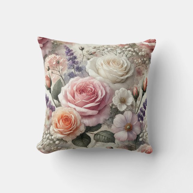 Cojín Decorativo Floral Throw Pillow with Pink and White Roses (Anverso)