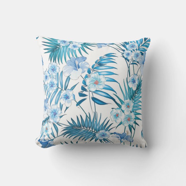 Cojín decorativo floral tropical azul (Anverso)