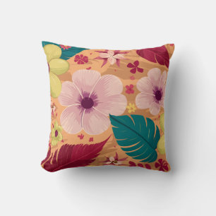 Cojín Decorativo Floral tropical cálida con hojas rojas y verdes