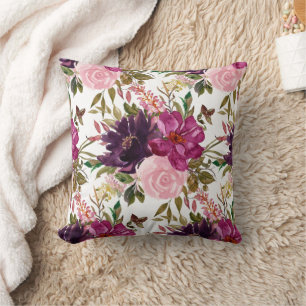 Cojín Decorativo Floral verde acuarela rosa púrpura Blanco