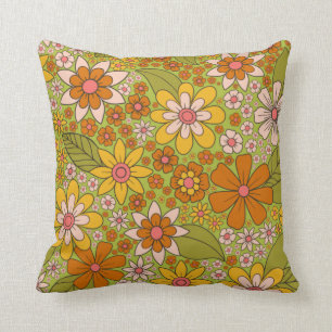 Cojín Decorativo Floral verde y Naranja de los años 1960 y 1970