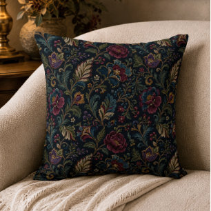 Cojín Decorativo Floral Vintage Crewel Botánico Elegante Oscuro y M