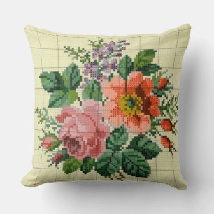Cojín Decorativo Floral Vintage de Flores Rosadas y Melocotón en Pu