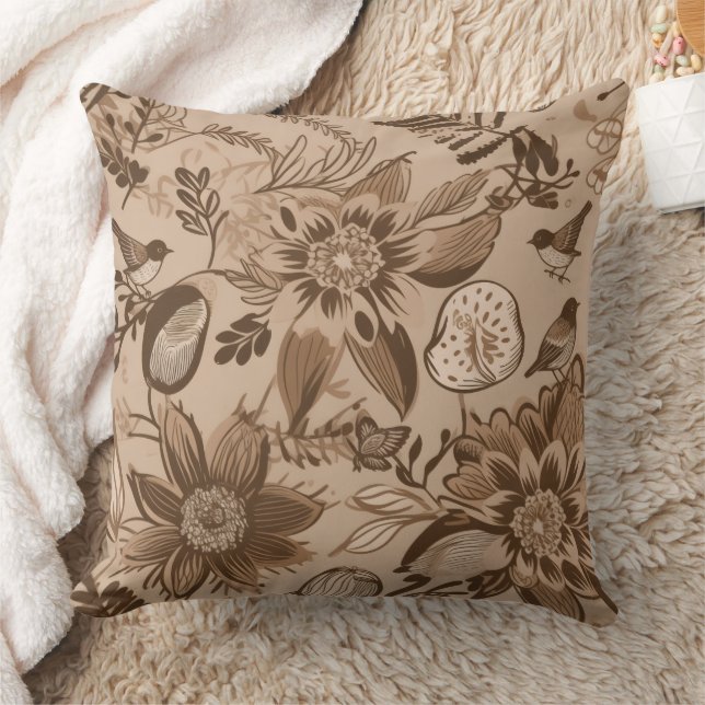 Cojín Decorativo Floral y pájaros parduscos (Manta)