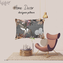 Cojín Decorativo Florales, pájaros, fondo gris pizarra