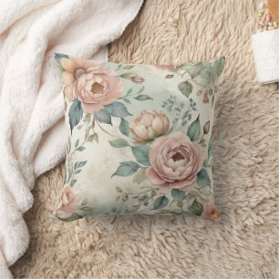 Cojín Decorativo Florales vintage de acuarela deslucida rosa y verd