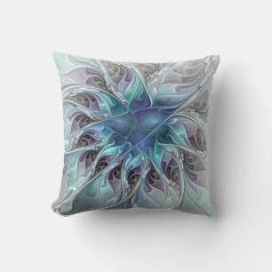 Cojín Decorativo Florecer Abstracto Moderno Floral Fractal Con Azul