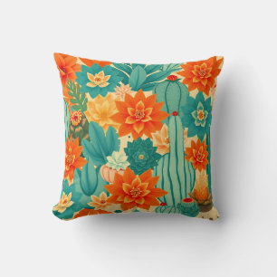 Cojín Decorativo Florecer de Cactus del Desierto Naranja Verde Acuá