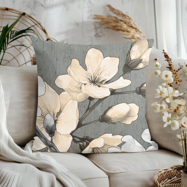 Cojín Decorativo Florecimiento de cerezos modernos en madera gris (Subido por el creador)