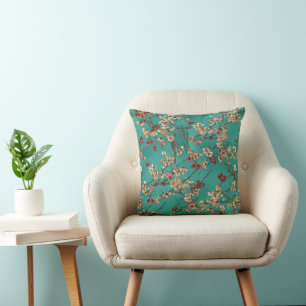Cojín Decorativo Florecimiento rosa y rojo del cerezo en Verde azul