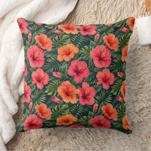 Cojín Decorativo Florecimientos Vibrantes de Hibisco Tropical