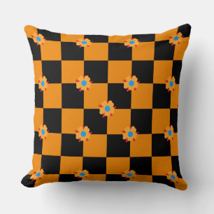 Cojín Decorativo Flores a cuadros naranja y negro