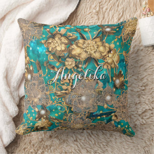 Cojín Decorativo Flores abstractas personalizadas de purpurina dora