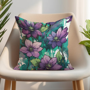 Cojín Decorativo Flores acuarela púrpura Hojas verdes esmeralda
