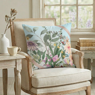 Cojín Decorativo Flores Acuarela Vintage Cyan Claro