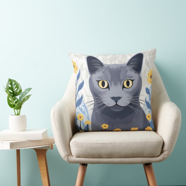 Cojín Decorativo Flores amarillas de gato azul ruso (Silla)