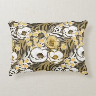 Cojín Decorativo Flores amarillas y blancas en el fondo de un tigre