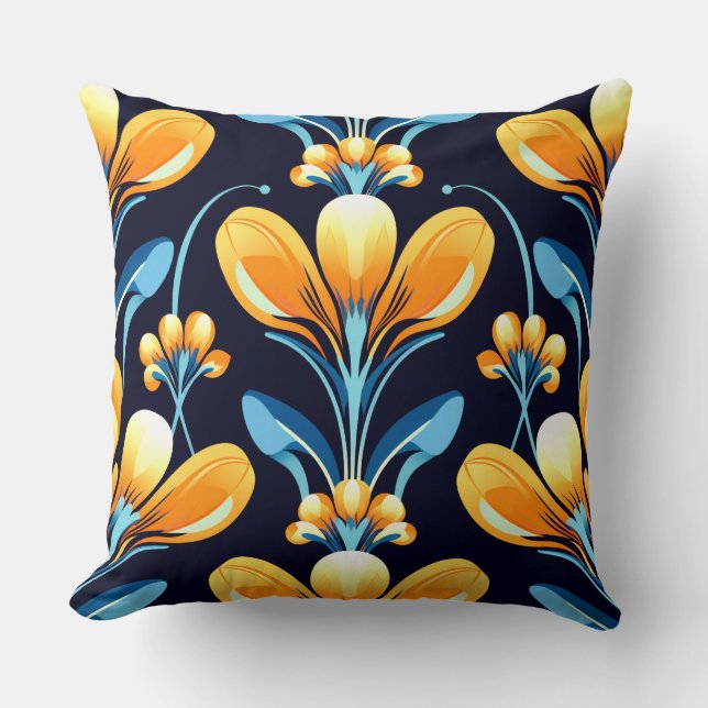 Cojín Decorativo Flores azul naranja Art Deco (Anverso)
