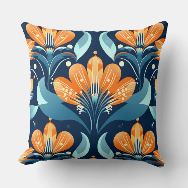 Cojín Decorativo Flores azul naranja Art Deco (Anverso)