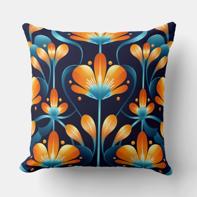 Cojín Decorativo Flores azul naranja Art Deco (Anverso)