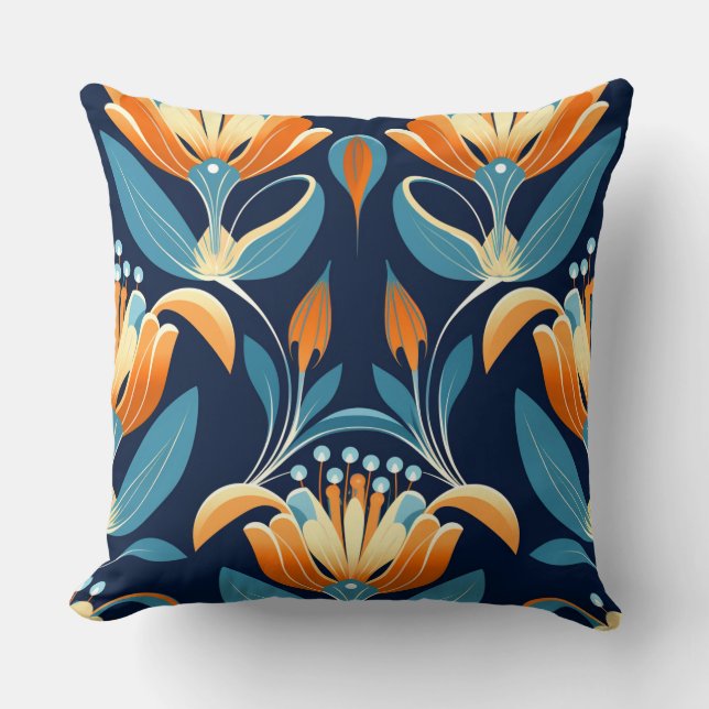 Cojín Decorativo Flores azul naranja Art Deco (Anverso)