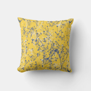 Cojín Decorativo Flores azules abstractas modernas mostaza amarillo