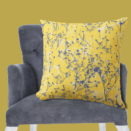 Cojín Decorativo Flores azules abstractas modernas mostaza amarillo