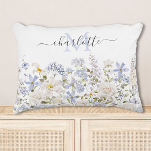 Cojín Decorativo Flores Azules Acuarela Floral Monograma Elegante