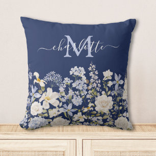 Cojín Decorativo Flores Azules Acuarela Floral Monograma Elegante