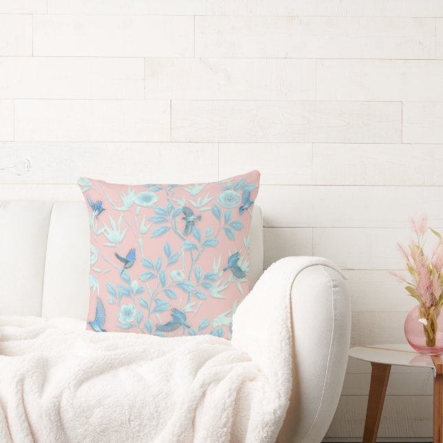 Cojín Decorativo flores azules claras y pájaro , luces de fondo (Sofá)