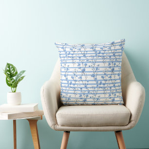 Cojín Decorativo Flores Azules Elegantes Diseño de Rayas