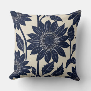 Cojín Decorativo Flores azules - estilo de impresión en bloque
