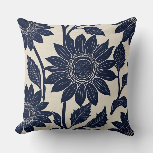 Cojín Decorativo Flores azules - estilo de impresión en bloque (Anverso)