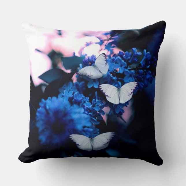 Cojín Decorativo Flores azules, mariposa (Anverso)